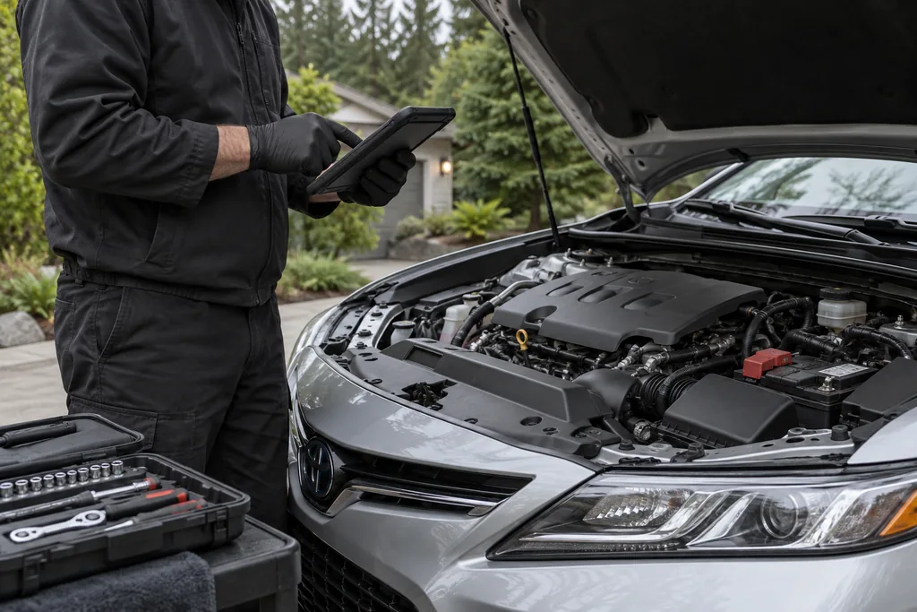 Illustration of vehicle diagnostics at a residential driveway