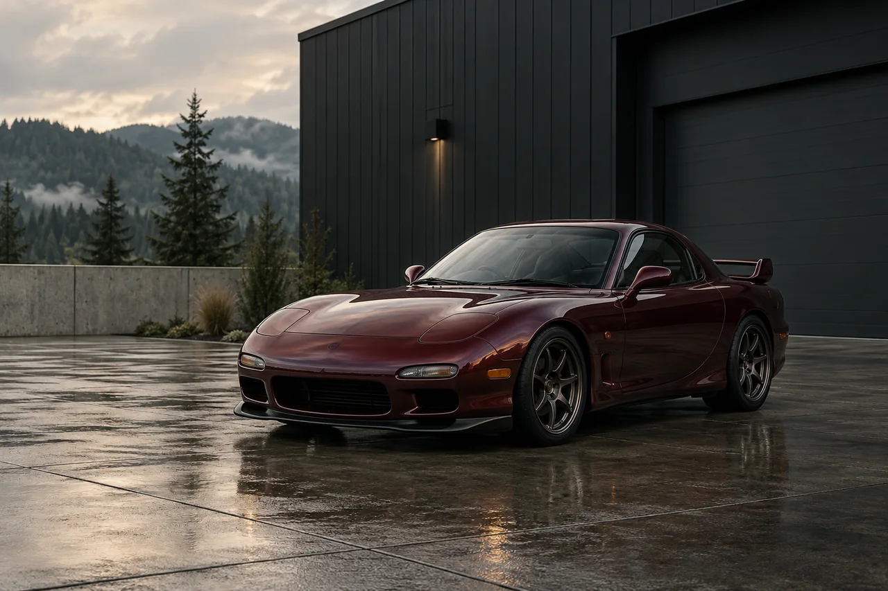 Burgundy Japanese sports coupe against a Pacific Northwest mountain backdrop